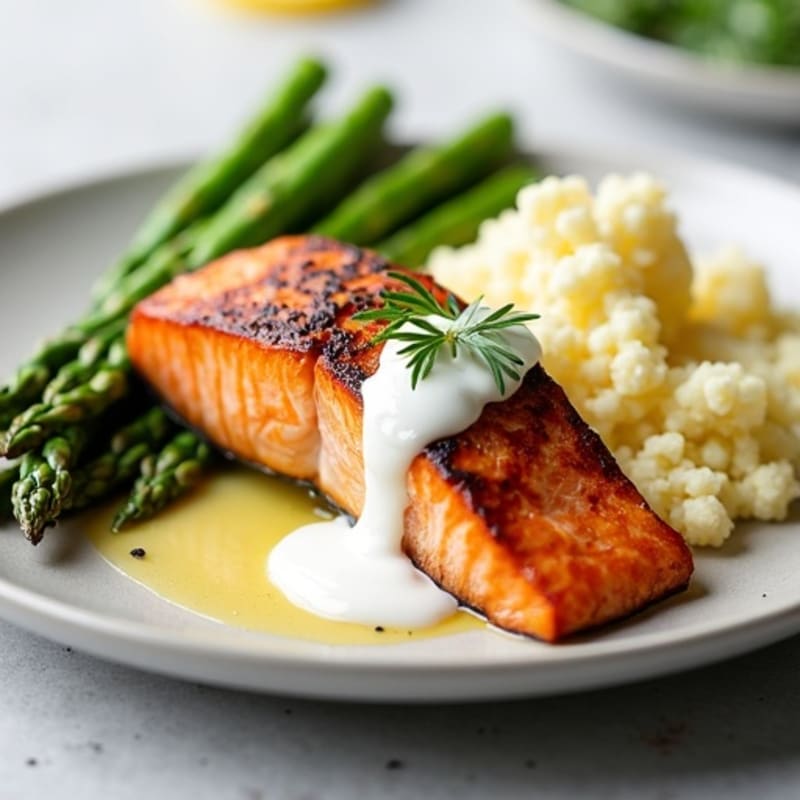 Seared Salmon Fillet with Roasted Asparagus and Garlic Cauliflower Mash