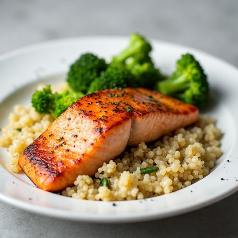 Seared Salmon with Steamed Broccoli and Quinoa