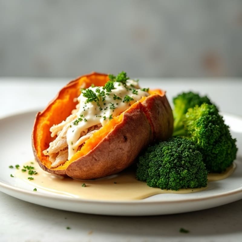 Sweet Potato Stuffed with Creamy Chicken and Roasted Broccoli