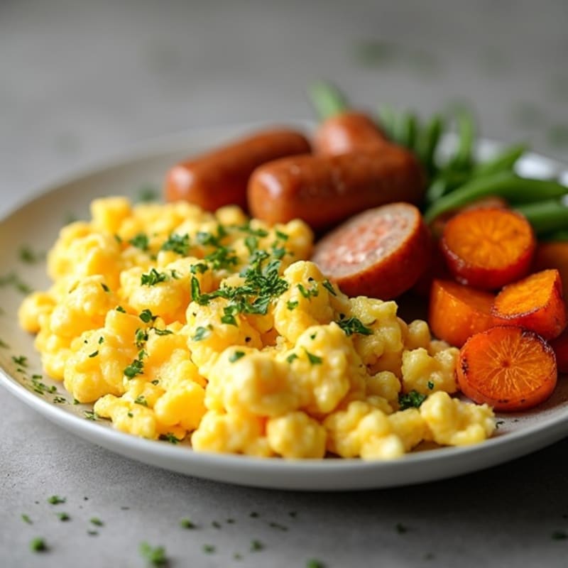 Scrambled Eggs with Chicken Sausage and Roasted Sweet Potatoes