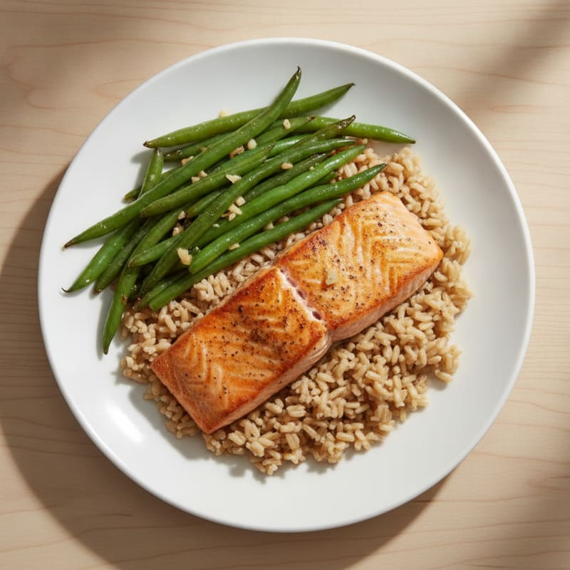 Seared Salmon with Garlic Green Beans and Steamed Brown Rice