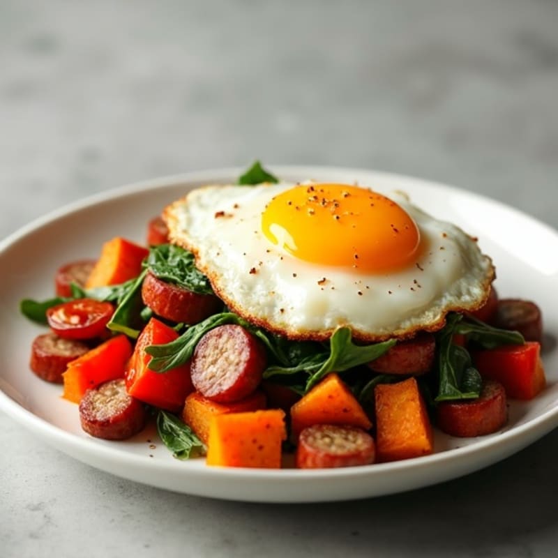 Sweet Potato and Turkey Sausage Hash with Sunny-Side Up Eggs