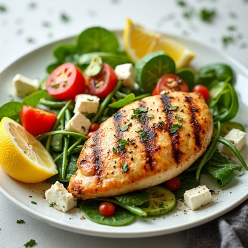 Grilled Lemon-Herb Chicken with Crisp Feta and Fresh Vegetable Salad