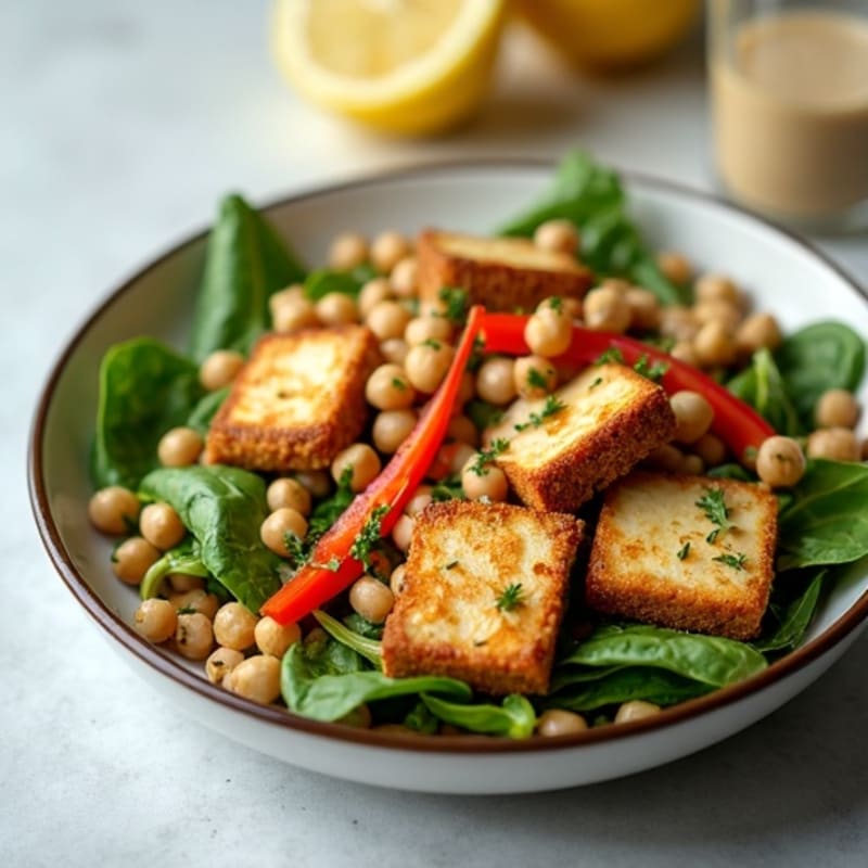 Crispy Tofu and Chickpea Power Salad with Lemon Tahini Dressing