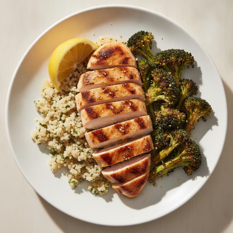 Grilled Chicken Breast with Quinoa and Roasted Broccoli