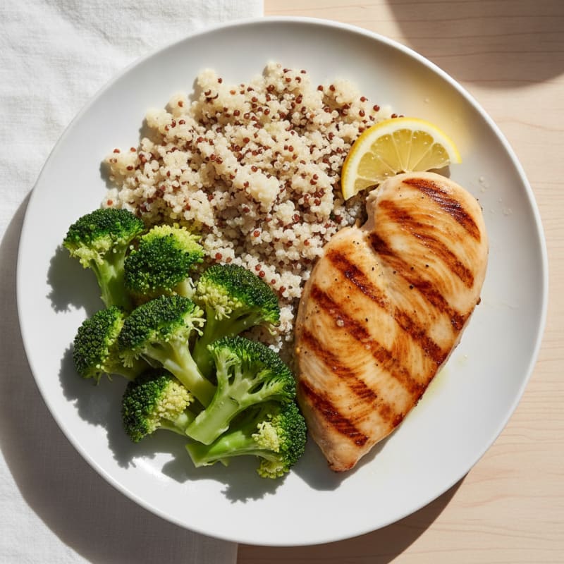 Grilled Chicken Breast with Steamed Broccoli and Quinoa