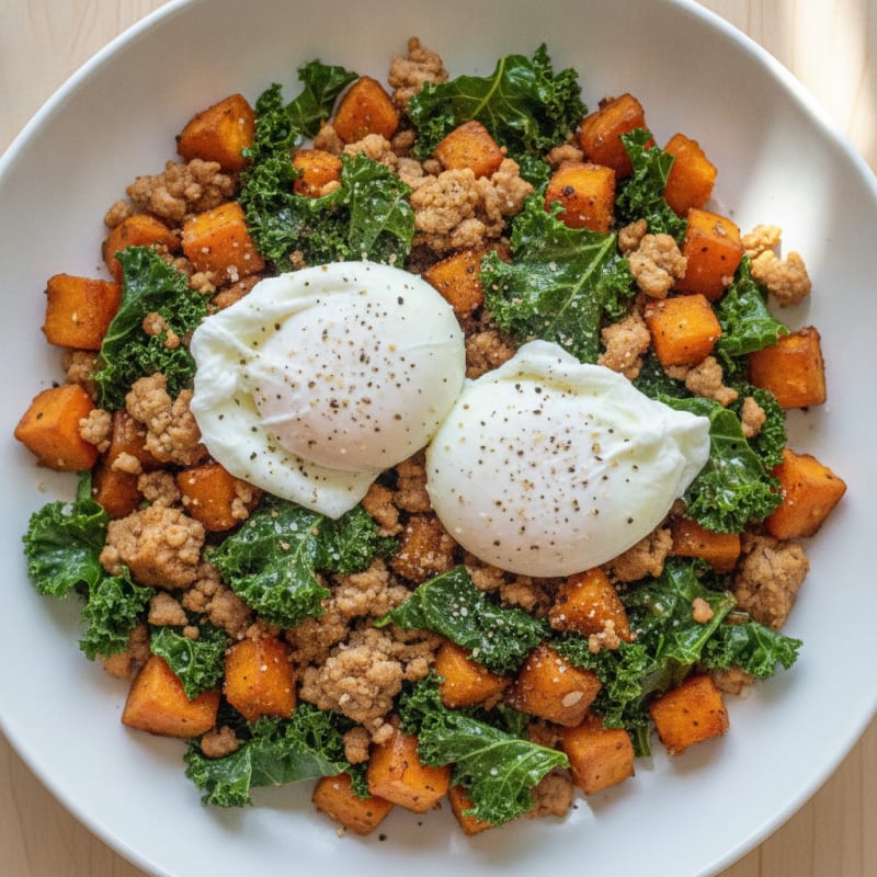 Sweet Potato and Kale Hash with Poached Eggs