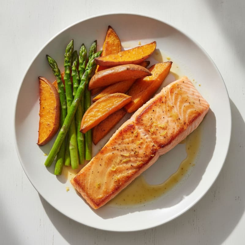 Seared Salmon with Roasted Sweet Potatoes and Asparagus