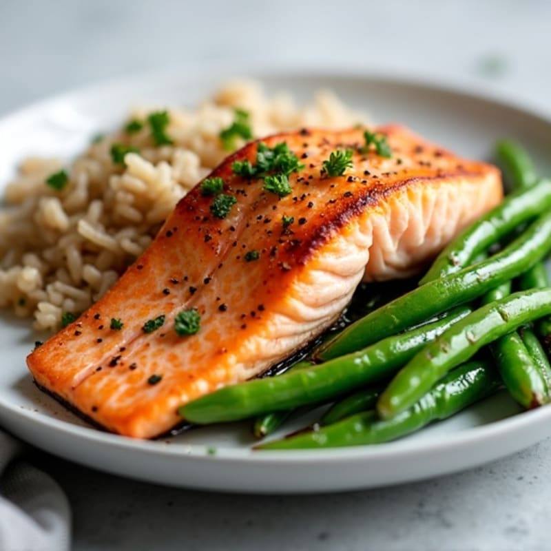 Seared Salmon with Steamed Green Beans and Brown Rice