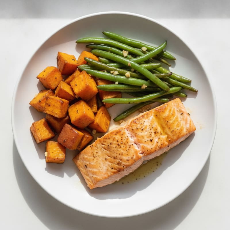 Seared Salmon with Roasted Sweet Potato and Garlic Green Beans