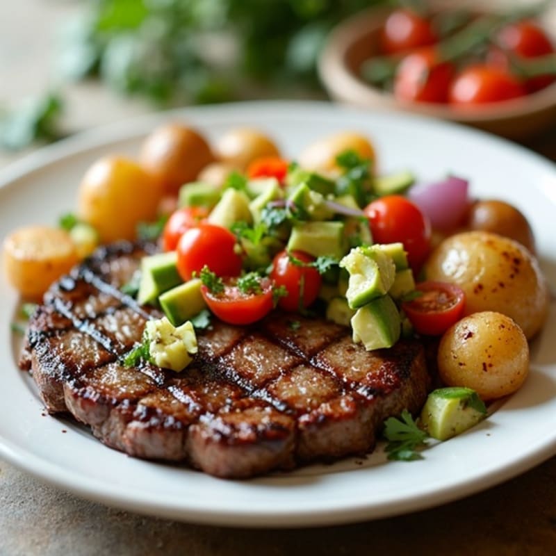 Seared Steak with Crispy Roasted Potatoes and Fresh Avocado Salsa