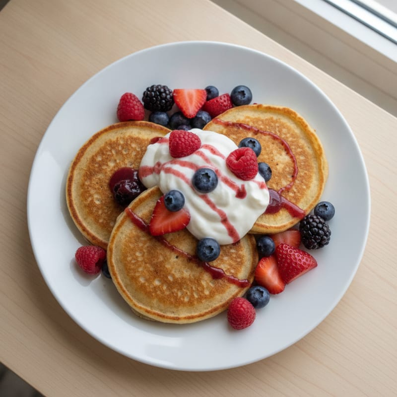 Soy Milk Protein Pancakes with Greek Yogurt and Berries