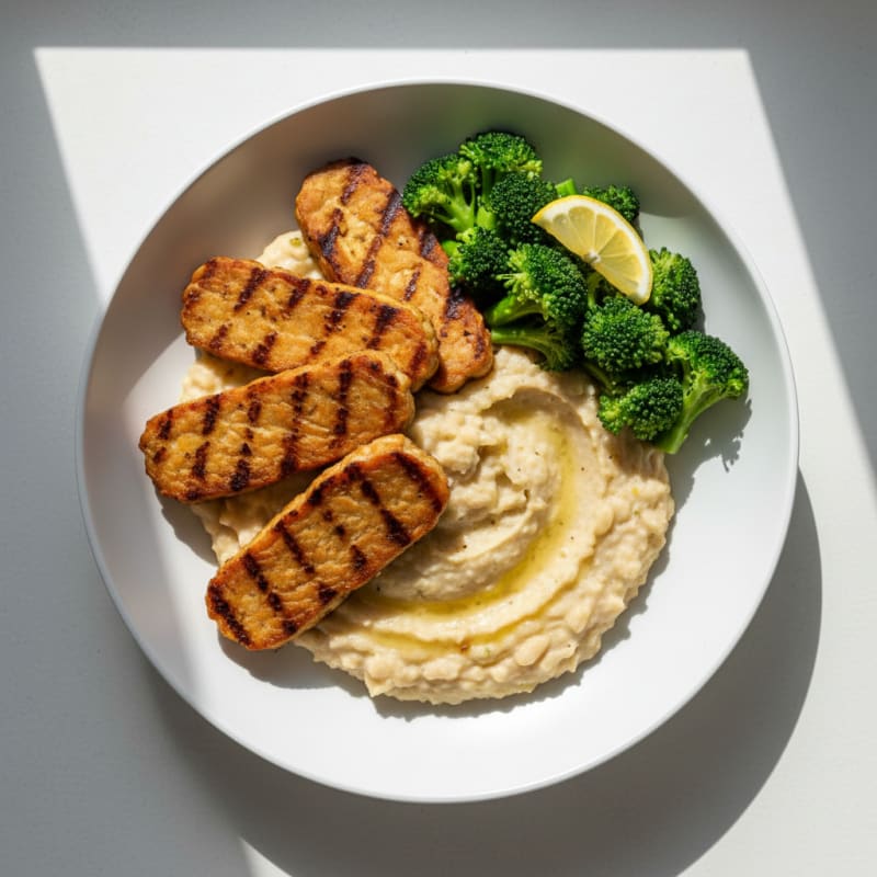 Grilled Tempeh Filets with Steamed Broccoli and White Bean Mash
