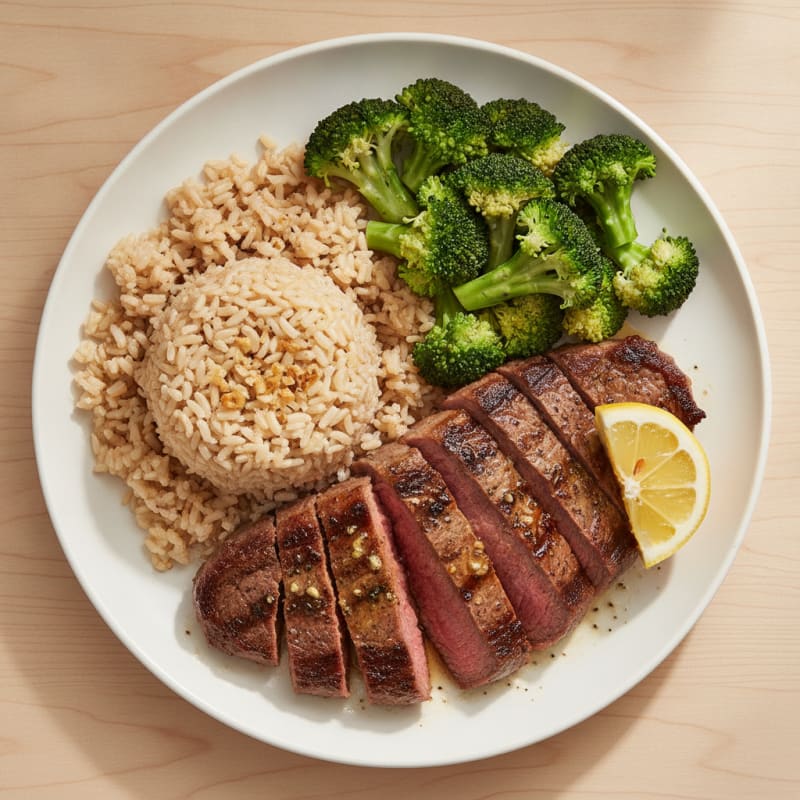 Grilled Beef Steak with Brown Rice and Steamed Broccoli