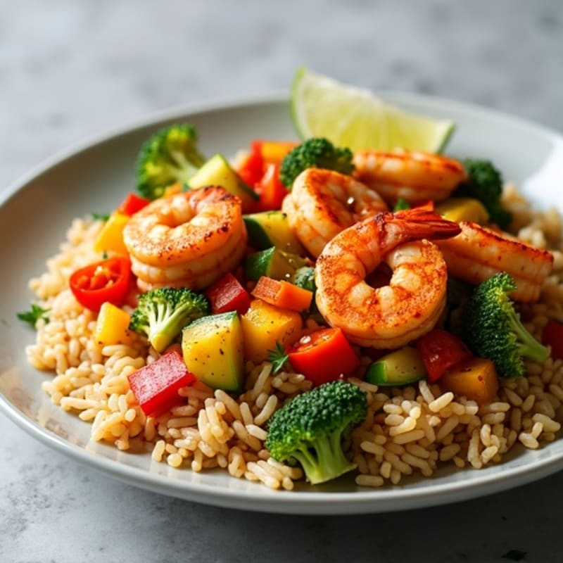 Spicy Chicken and Shrimp Skillet with Brown Rice and Crispy Vegetables