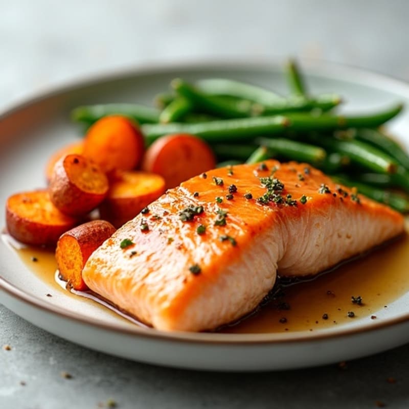 Maple-Glazed Salmon with Roasted Sweet Potatoes and Crispy Green Beans