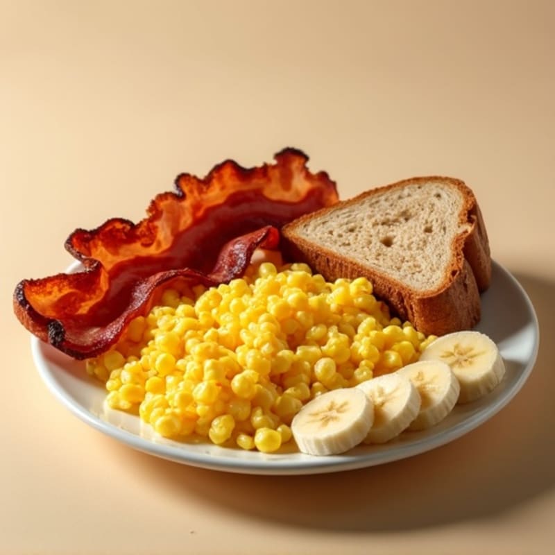 Scrambled Eggs with Crispy Bacon, Whole Grain Toast, and Creamy Peanut Butter Banana