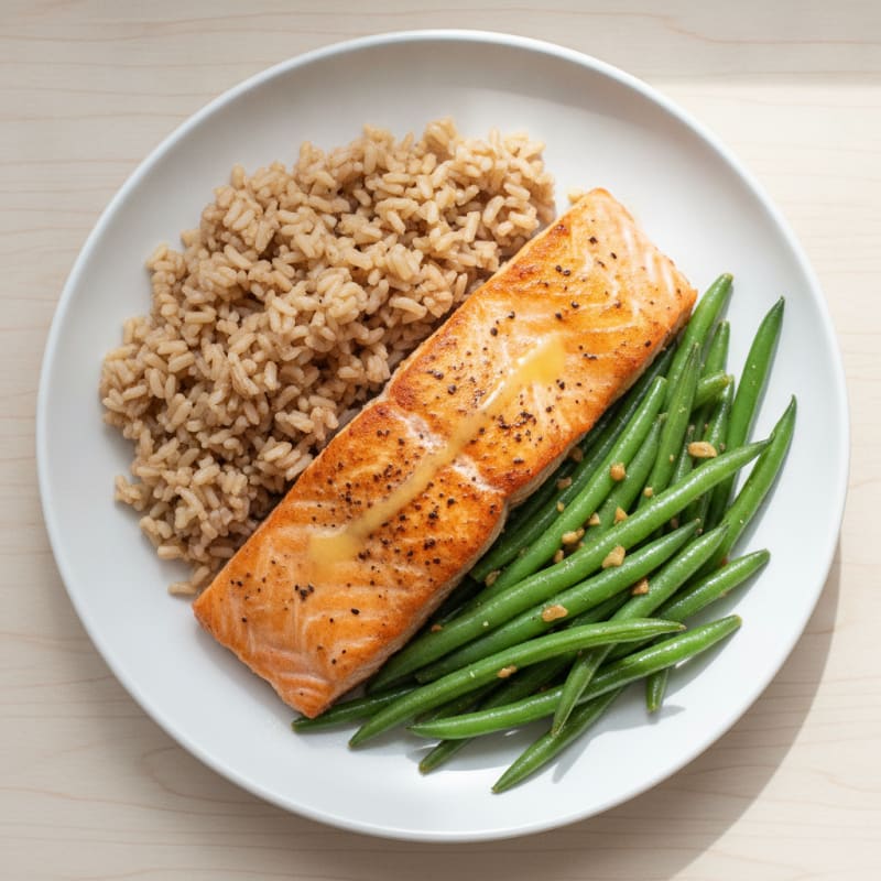 Seared Salmon with Garlic Green Beans and Brown Rice