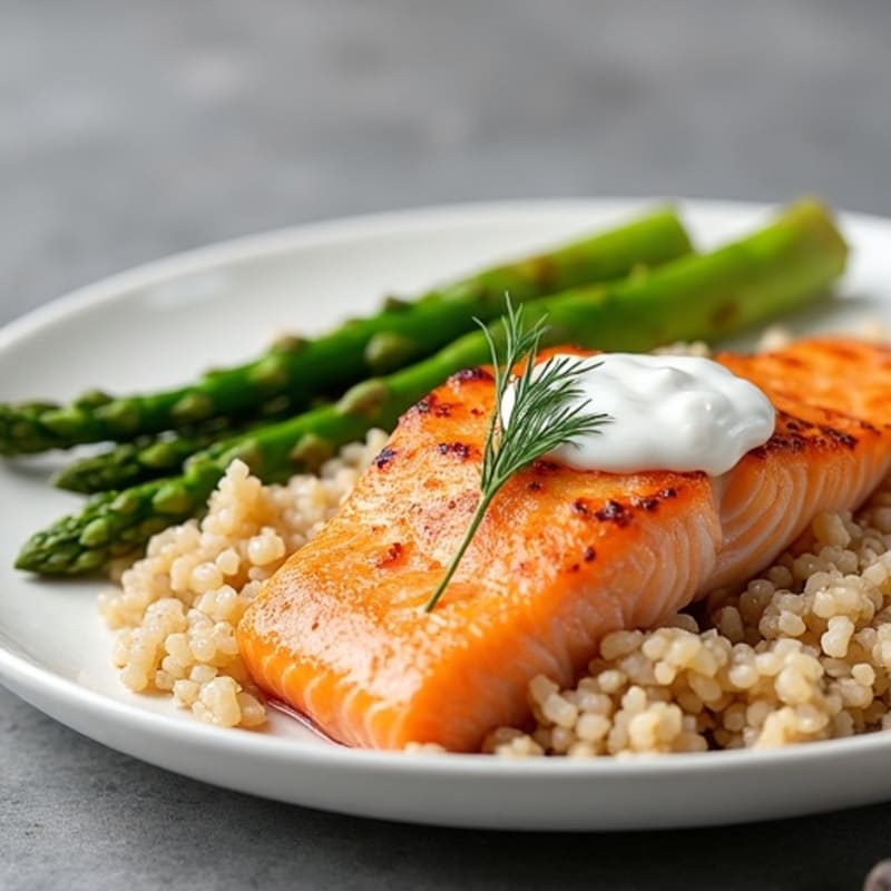Seared Salmon Filet with Steamed Asparagus and Brown Rice