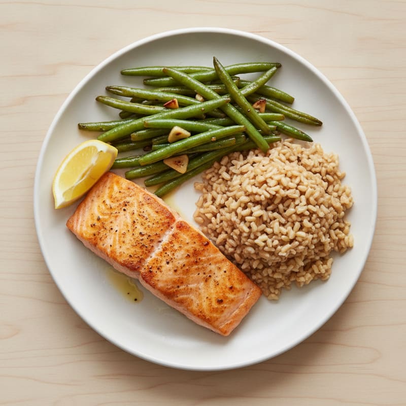Seared Salmon with Garlic Green Beans and Brown Rice