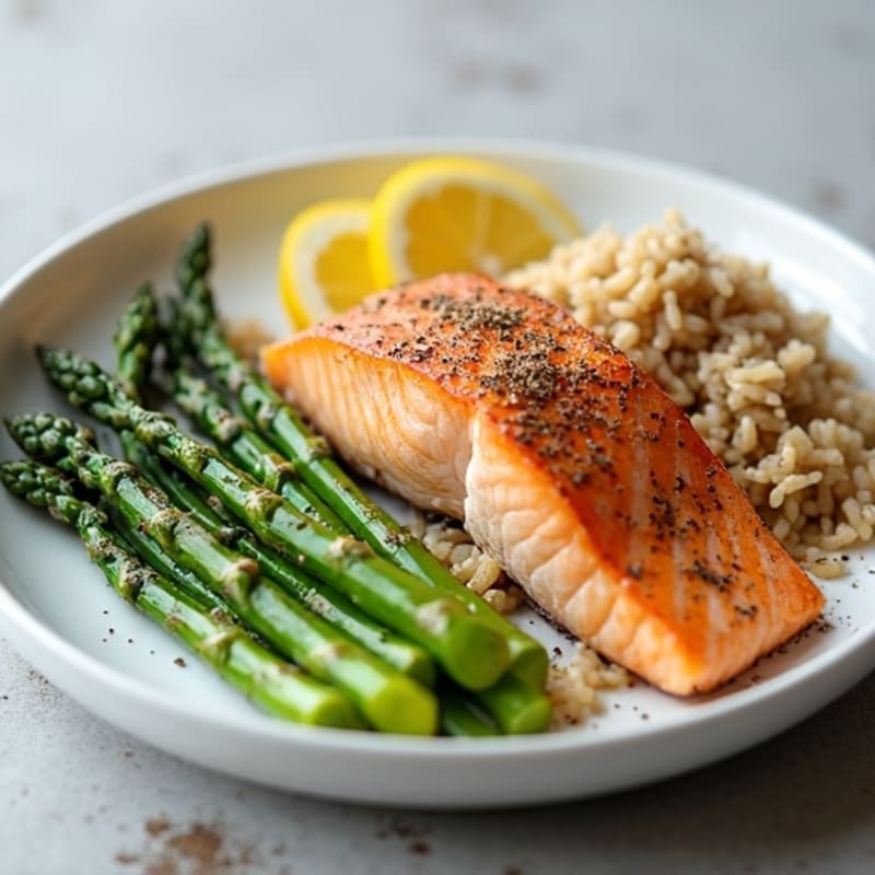 Seared Salmon with Steamed Asparagus and Wild Rice