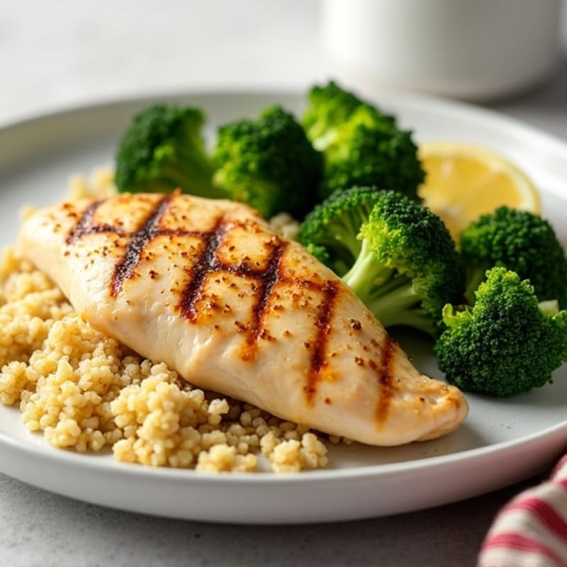 Grilled Lemon-Garlic Chicken Breast with Roasted Broccoli and Quinoa