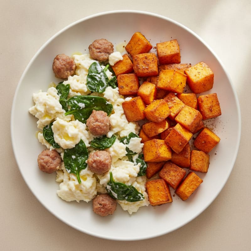 Egg White and Turkey Sausage Scramble with Spinach and Roasted Sweet Potato