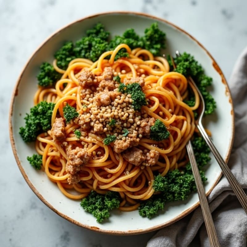 Spicy Sesame Ground Pork Noodles with Crispy Greens