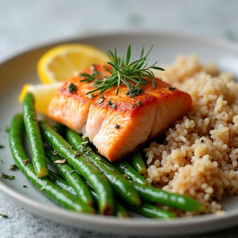 Seared Salmon Fillet with Steamed Green Beans and Brown Rice
