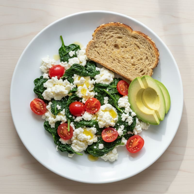 Egg White Spinach Scramble with Cottage Cheese and Cherry Tomatoes