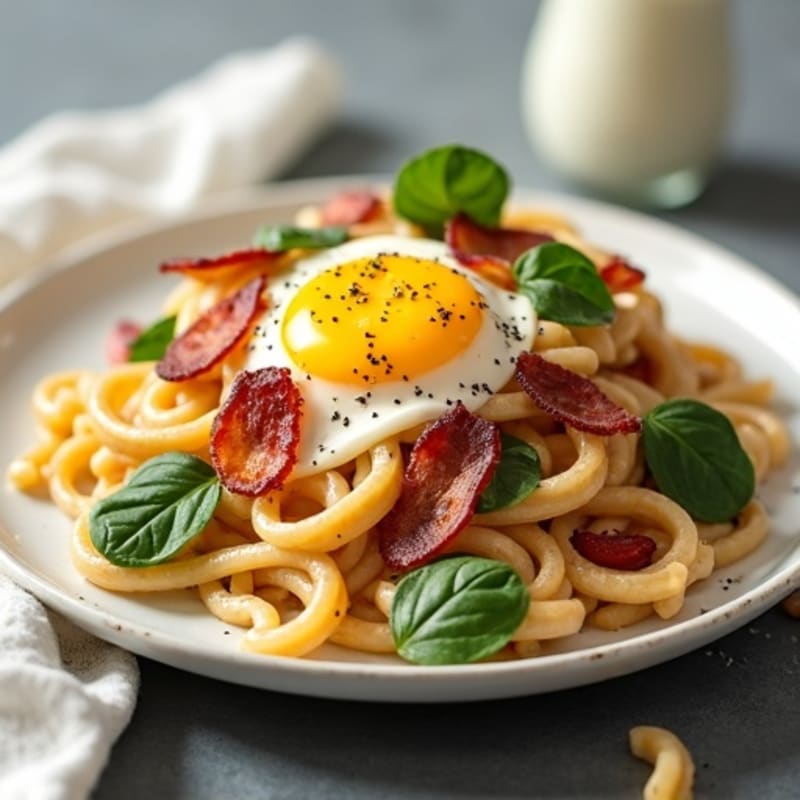 Creamy Whole Wheat Pasta with Crispy Turkey Bacon and Egg Sauce