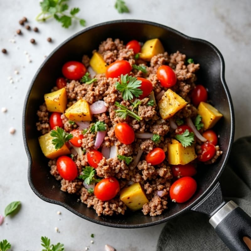 Lean Ground Beef and Roasted Vegetable Skillet