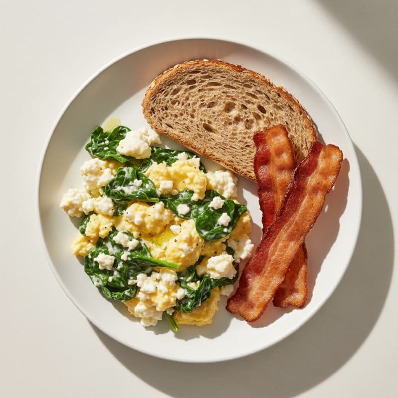 Cottage Cheese Egg Scramble with Spinach and Turkey Bacon