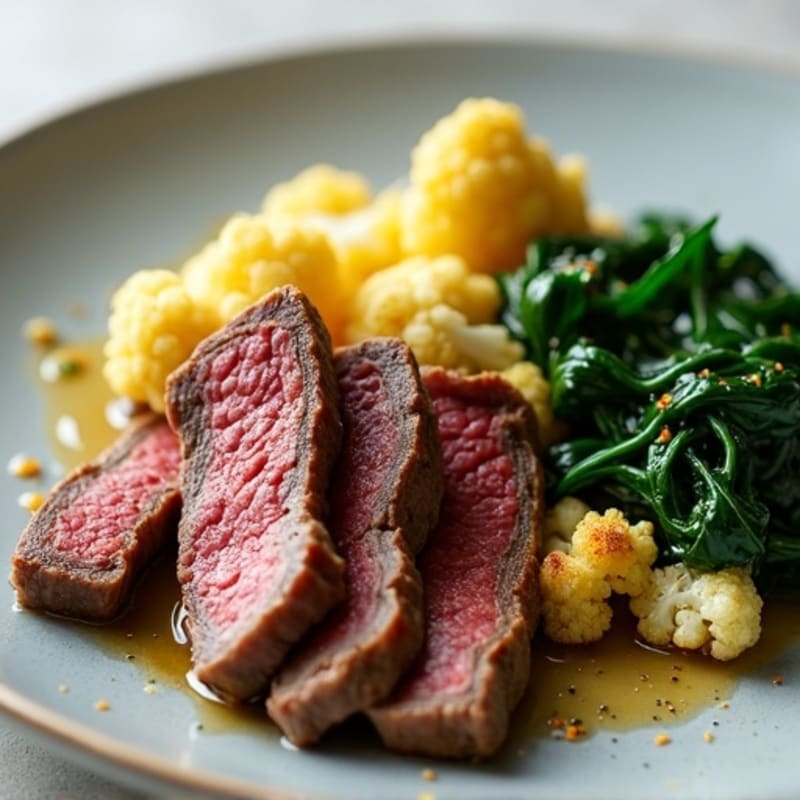 Seared Lean Beef Strips with Roasted Cauliflower and Spinach