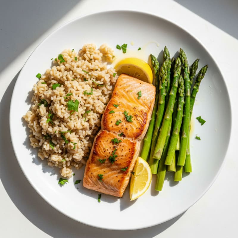 Seared Salmon Fillet with Steamed Asparagus and Herbed Brown Rice