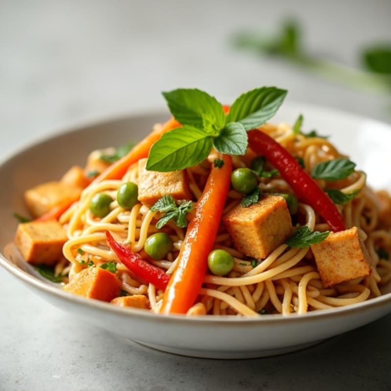 Creamy Thai Peanut Noodles with Crispy Tofu and Fresh Vegetables