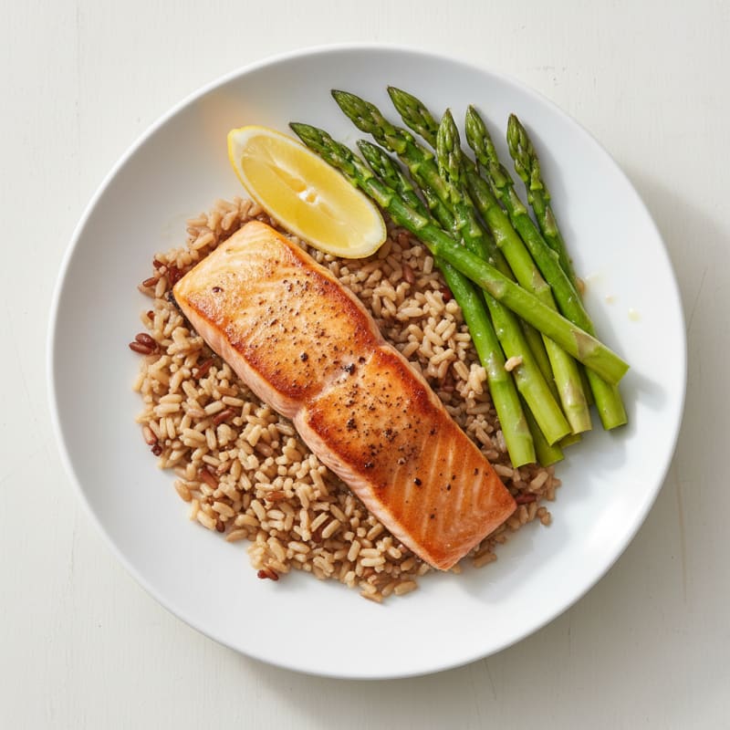 Seared Salmon Fillet with Steamed Asparagus and Brown Rice