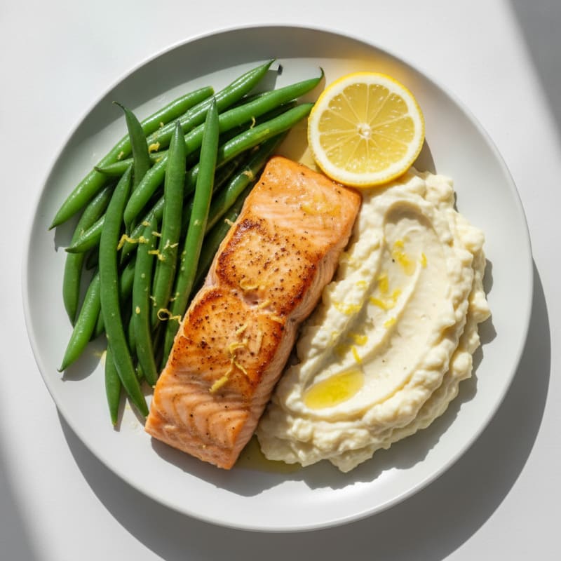 Seared Salmon with Steamed Green Beans and Garlic Mashed Cauliflower