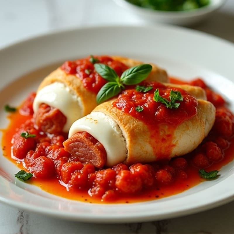 Mozzarella-Stuffed Chicken with Spicy Turkey Pepperoni and Roasted Tomato Sauce
