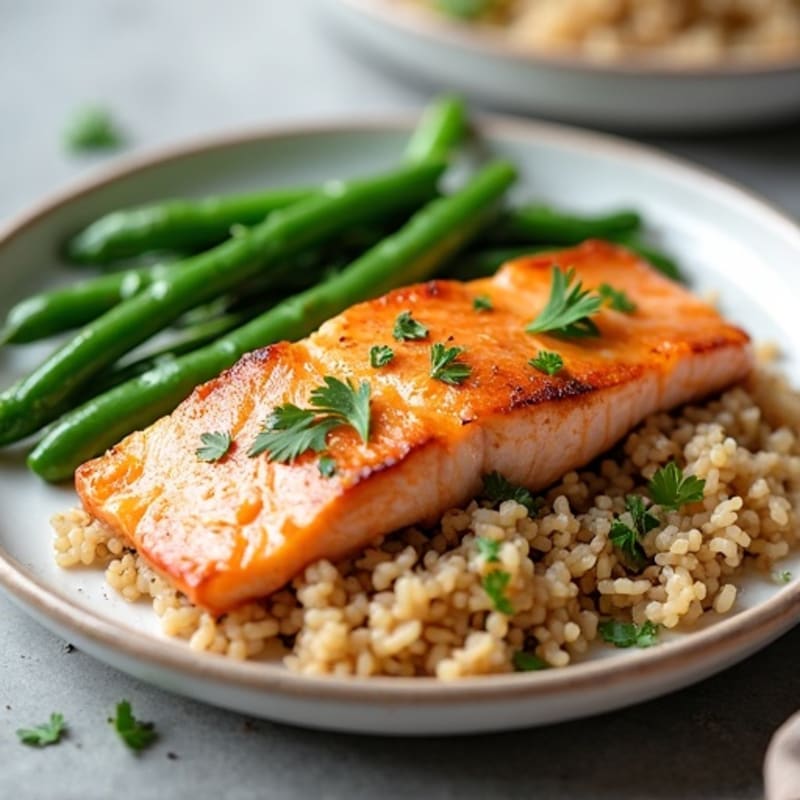 Seared Salmon with Garlic Green Beans and Brown Rice