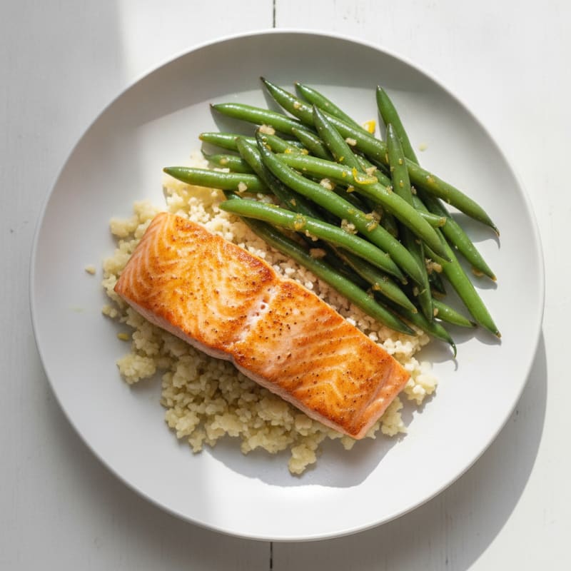 Seared Salmon with Lemon Garlic Green Beans and Cauliflower Rice