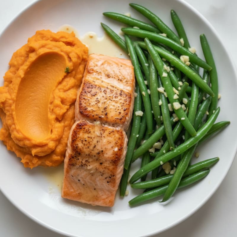 Seared Salmon with Garlic Green Beans and Sweet Potato Mash