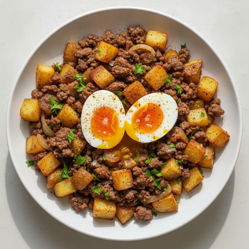 Ground Beef and Potato Hash with Eggs