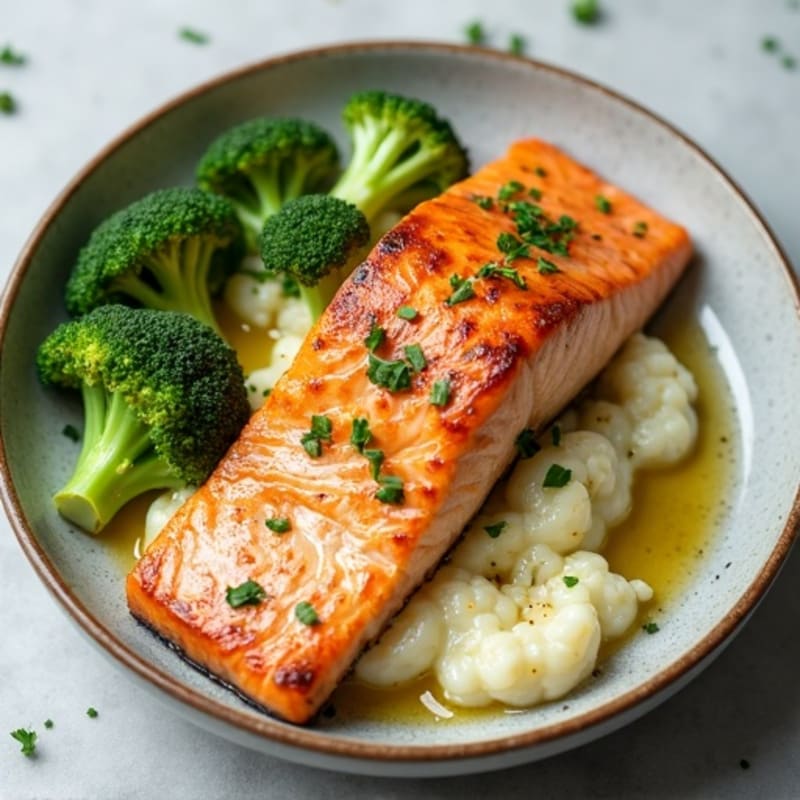 Seared Salmon with Steamed Broccoli and Garlic Cauliflower Mash
