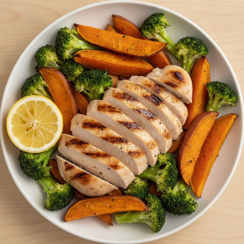 Grilled Chicken Breast with Roasted Sweet Potato and Steamed Broccoli