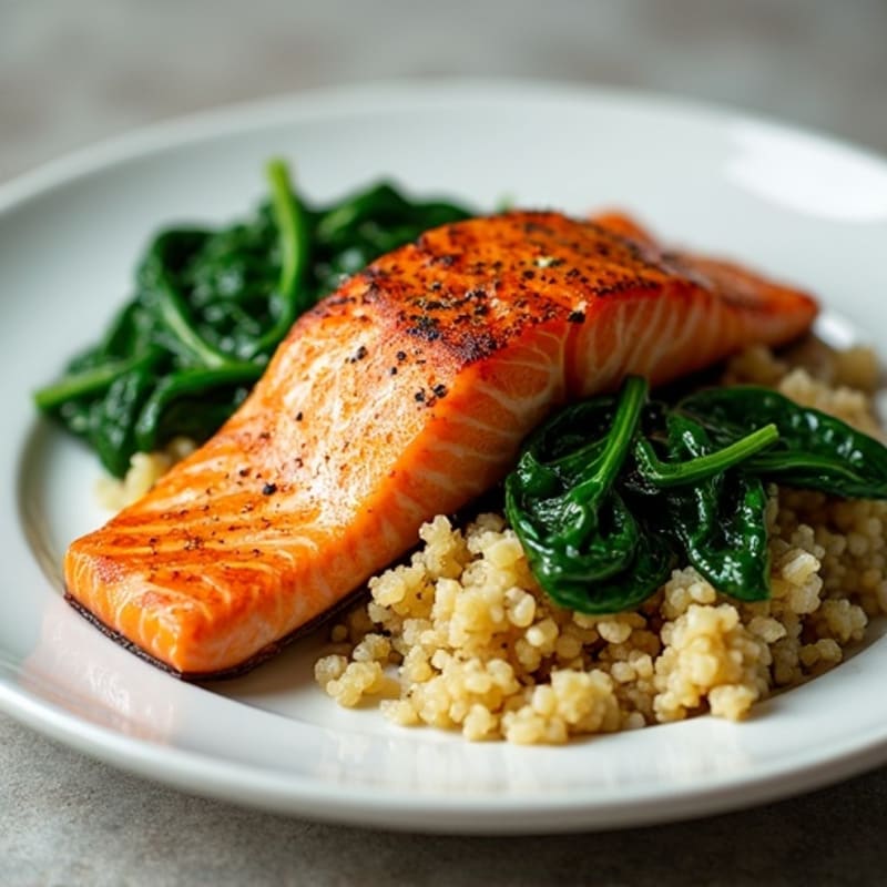 Seared Salmon Fillet with Quinoa and Garlic Sautéed Spinach