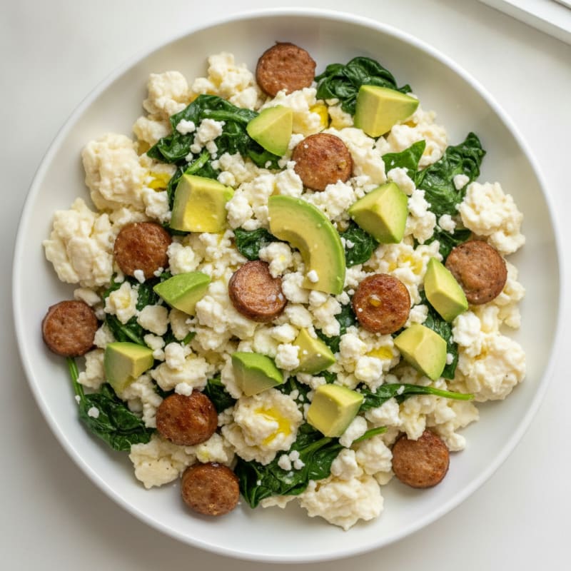 Egg White Scramble with Turkey Sausage and Sautéed Spinach