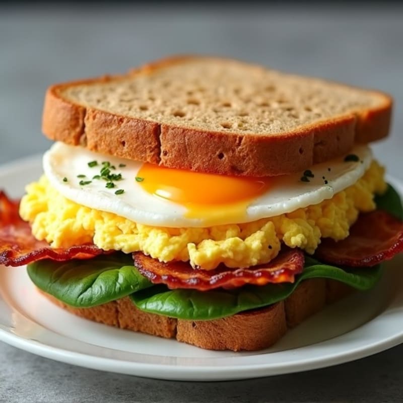 Fluffy Egg, Crispy Turkey Bacon, and Spinach Whole Wheat Sandwich