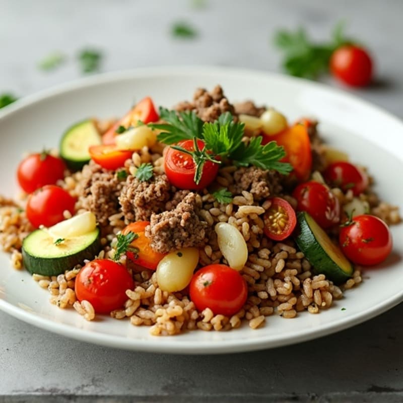 Lean Ground Beef and Brown Rice Skillet with Fresh Herbs and Crisp Vegetables