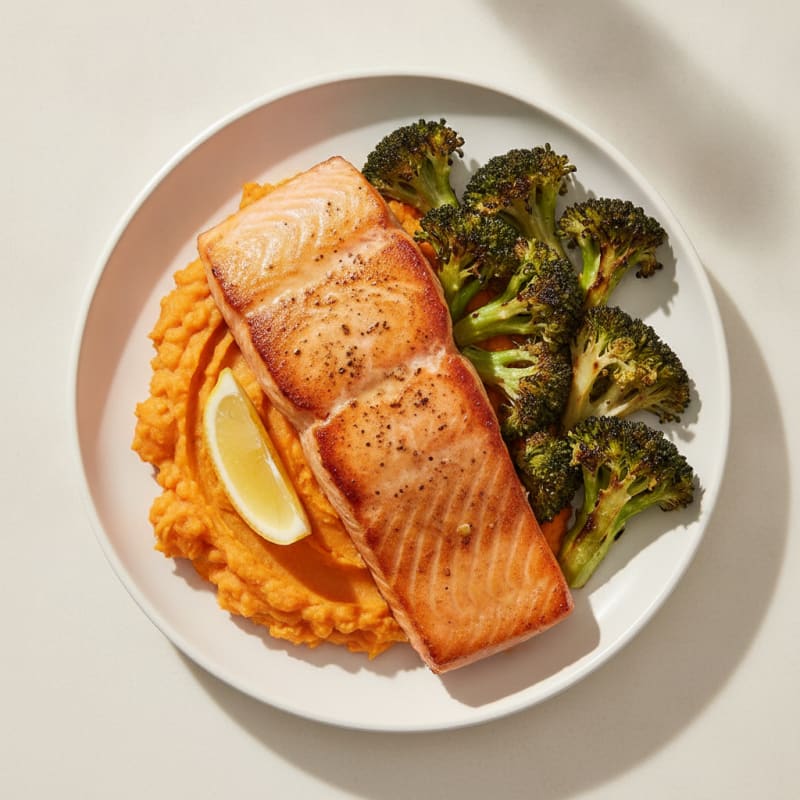 Seared Salmon with Roasted Broccoli and Sweet Potato Mash